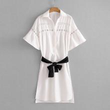 Shein Hollow Out Crochet Panel Belted Shirt Dress