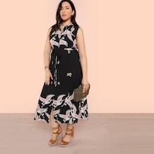 Shein Plus Crane Bird Print Sleeveless Shirt Dress With Belt