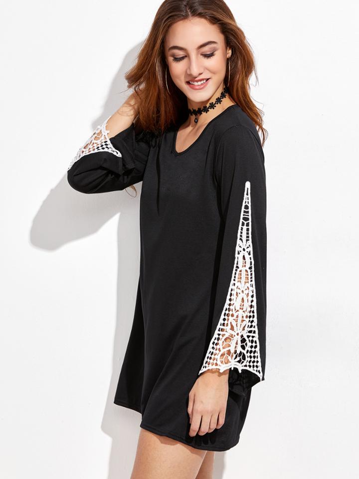 Shein Black V Neck Bell Sleeve Crochet Hollow Dress