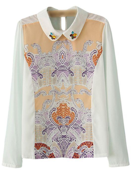 Shein Multicolor Long Sleeve Diamonds Print Blouse