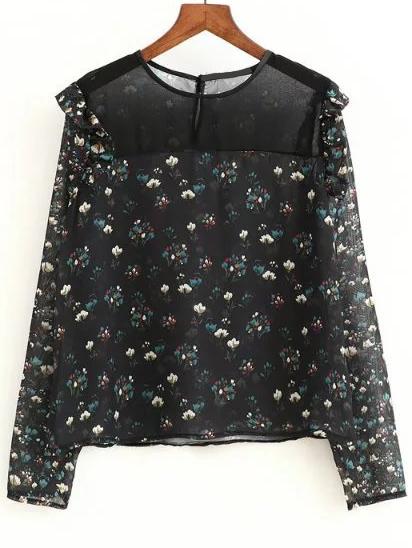 Shein Contrast Shoulder Ruffle Trim Top