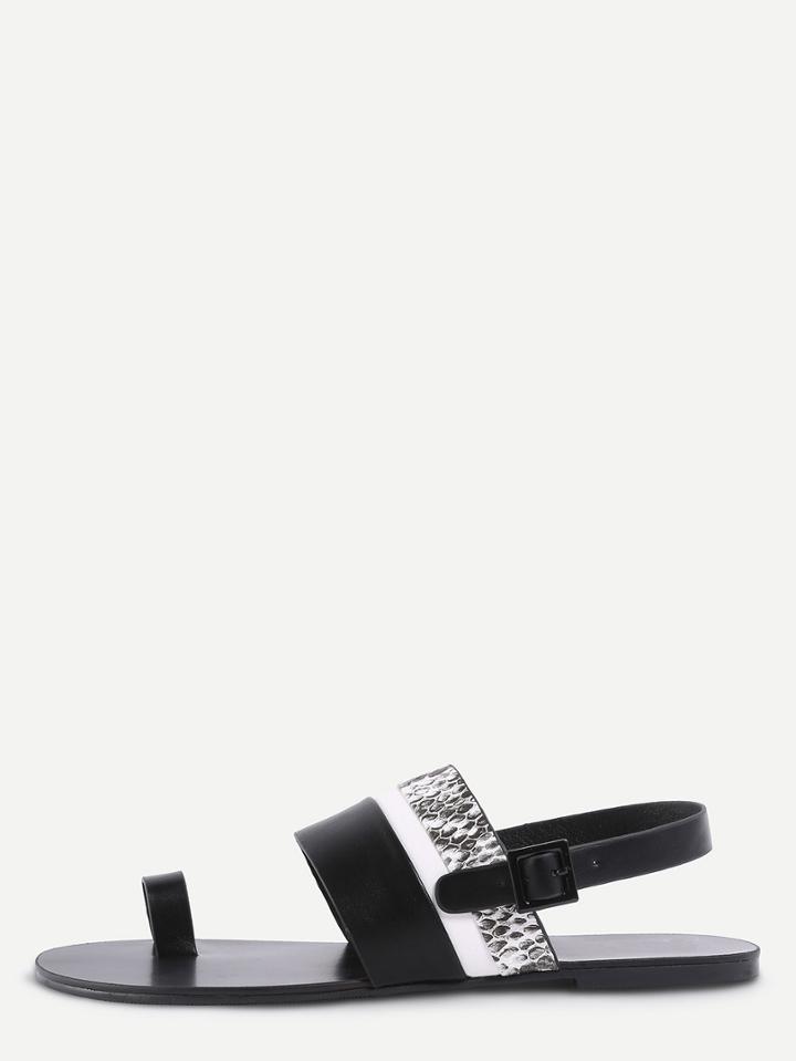 Shein Snake Embossed Faux Leather Toe Loop Sandals - Black