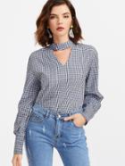 Shein Black And White Checkered Cut Out Blouse
