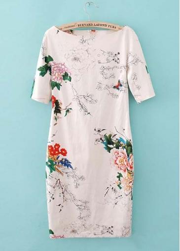 Rosewe Pastoral Flower Print White Straight Dress With Boat Neck