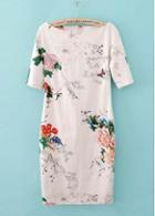 Rosewe Pastoral Flower Print White Straight Dress With Boat Neck