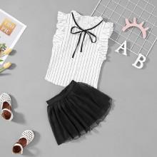 Shein Girls Striped Frill Trim Blouse With Shorts