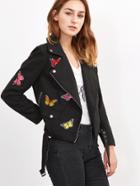 Shein Black Butterfly Embroidered Wool Blended Biker Jacket