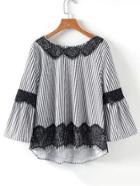 Shein Lace Insert V Back High Low Striped Blouse