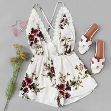 Shein Lace Panel Open Back Floral Cami Romper