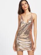 Shein Gold V Neck Sequin Design Open Back Cami Dress