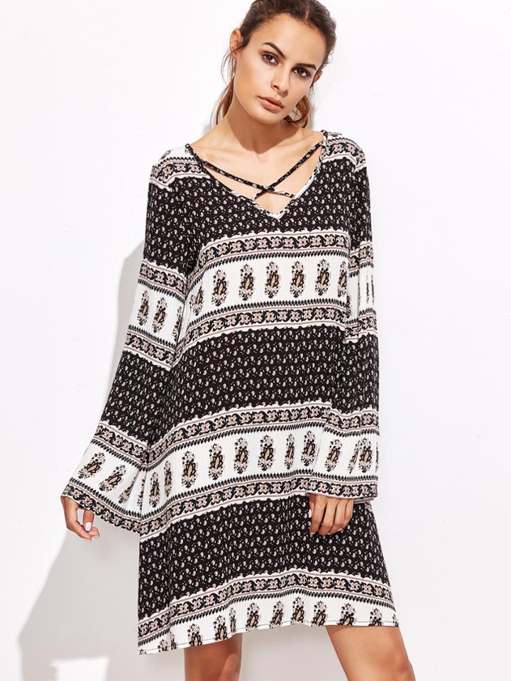 Shein Contrast Ornate Print Crisscross V Neck Dress