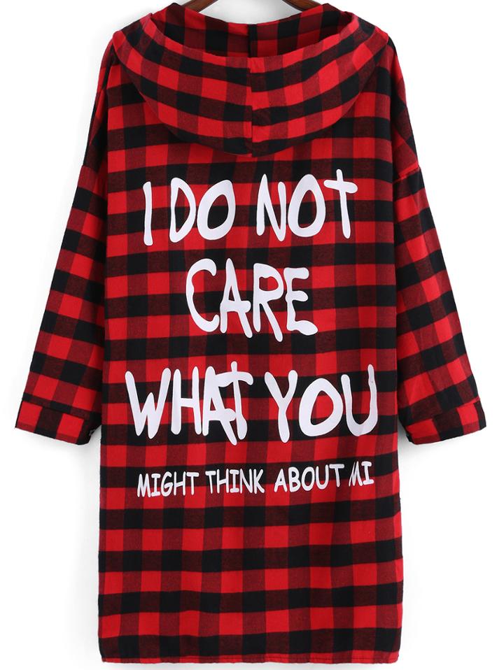 Shein Red Black Hooded Plaid Letters Print Coat