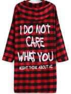 Shein Red Black Hooded Plaid Letters Print Coat