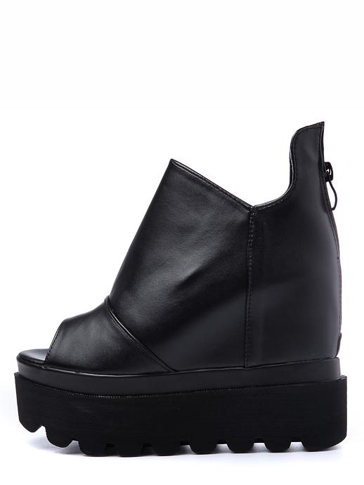Shein Black Faux Leather Peep Toe Wedge Pumps
