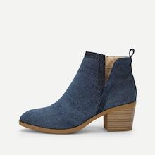 Shein Plain Denim Chunky Heeled Ankle Boots