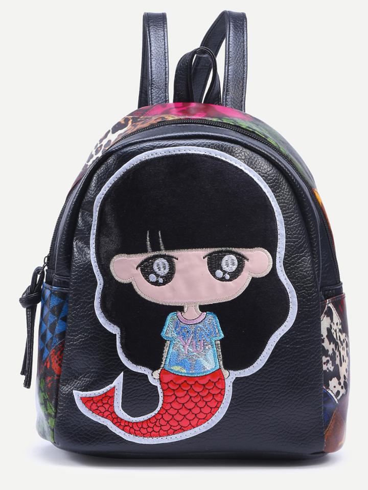 Shein Black Mermaid Embroidered Patchwork Backpack