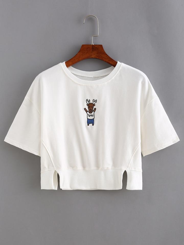 Shein Elk Embroidered Slit Ribbed Hem Crop T-shirt