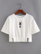 Shein Elk Embroidered Slit Ribbed Hem Crop T-shirt