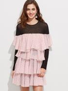 Shein Contrast Sheer Shoulder And Sleeve Polka Dot Layered Ruffle Dress