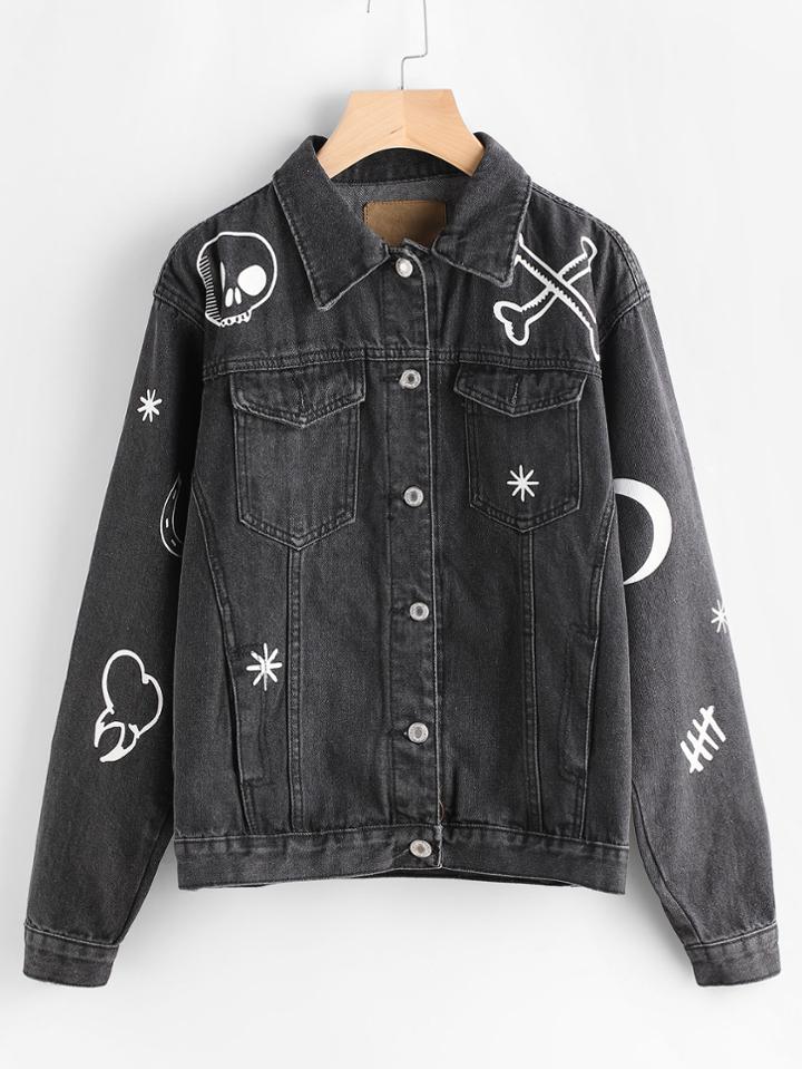 Shein Printed Single Breasted Denim Jacket