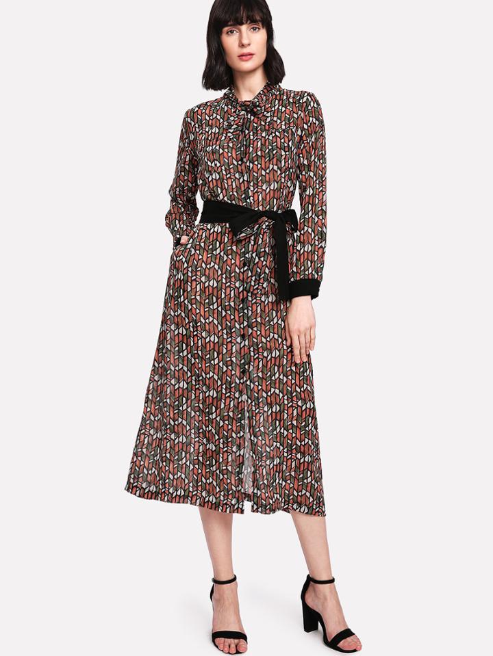 Shein Color Block Self Tie Waist Dress