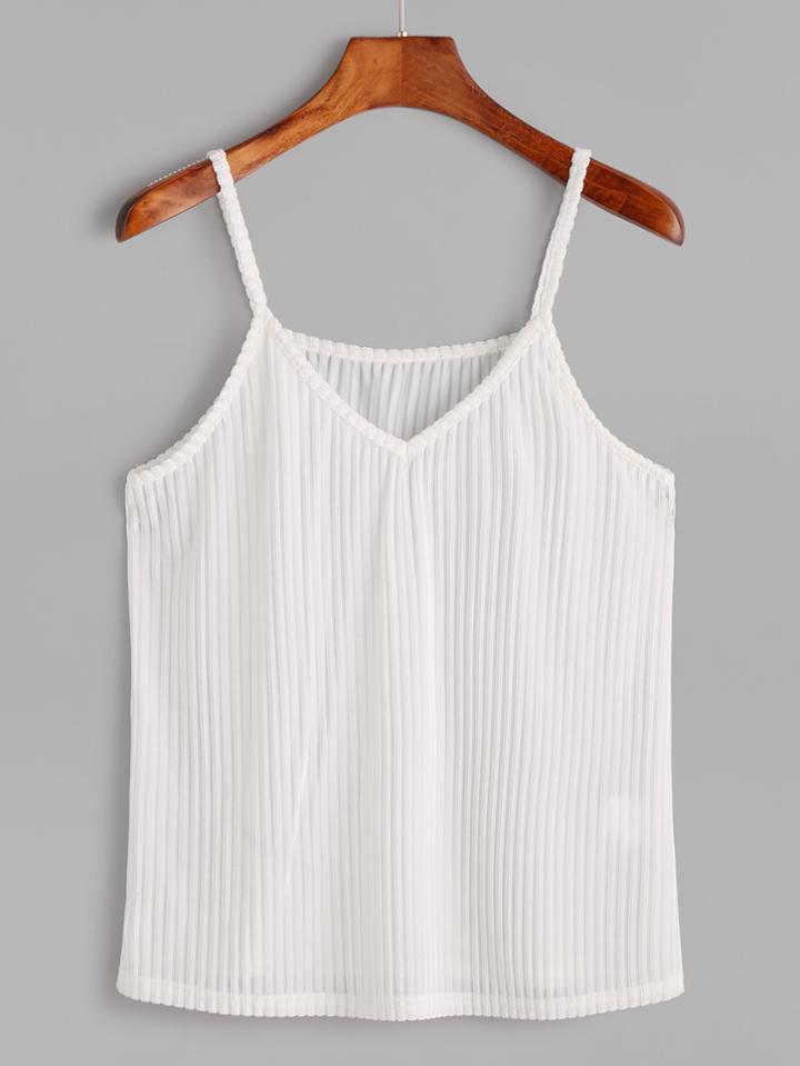 Shein White V Neck Striped Velvet Cami Top