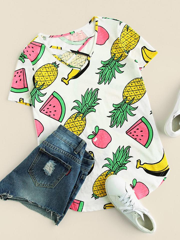 Shein Allover Fruit Print Crisscross Dolphin Hem Tee