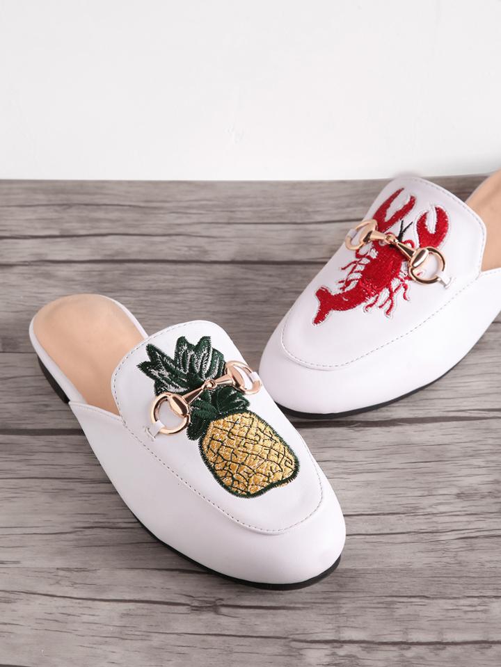 Shein Pineapple And Shrimp Embroidery Metal Detail Loafer Mules