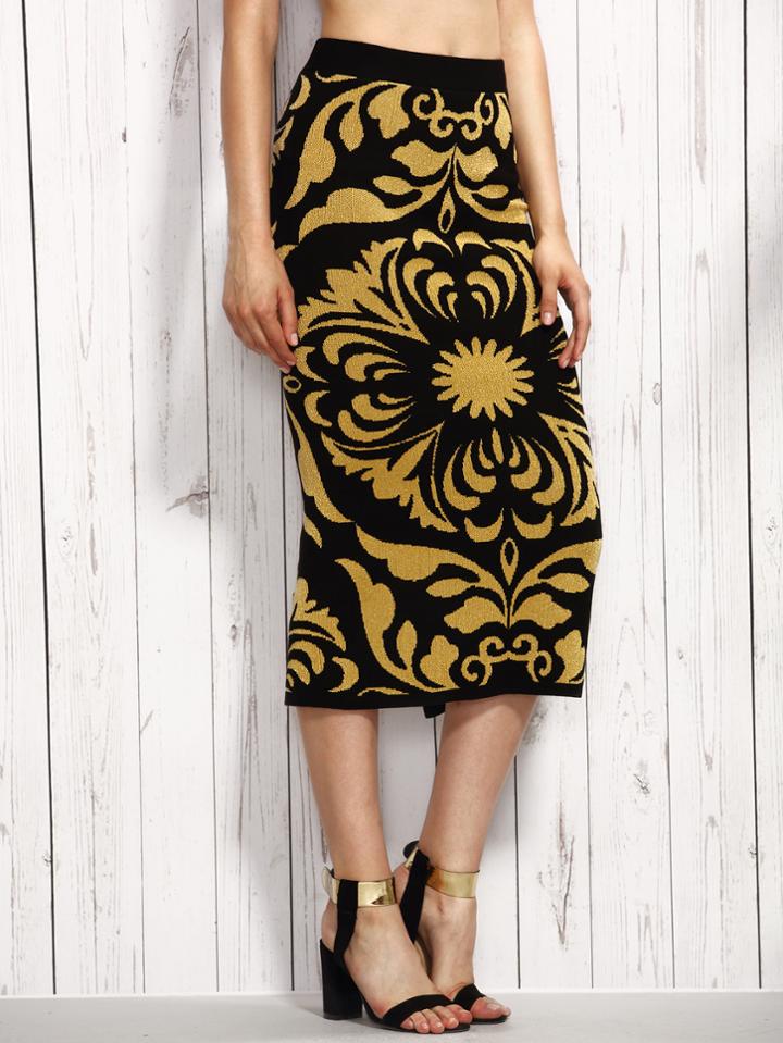 Shein Contrast Flower Pattern Split Knit Pencil Skirt