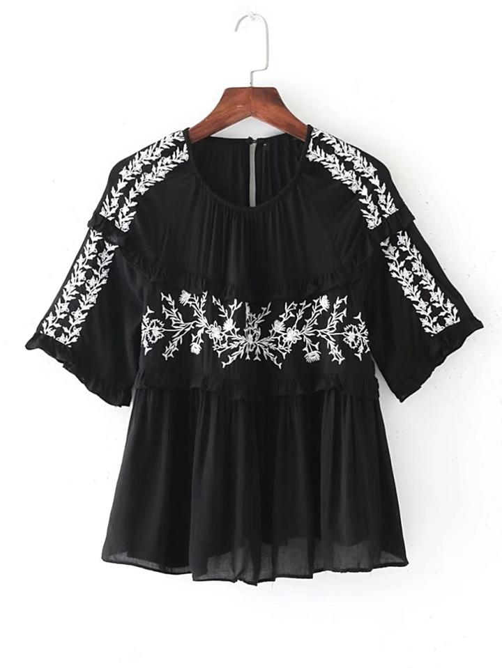 Shein Flower Embroidery Frill Tiered Top