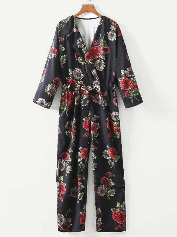Shein Drawstring Waist Surplice Floral Jumpsuit