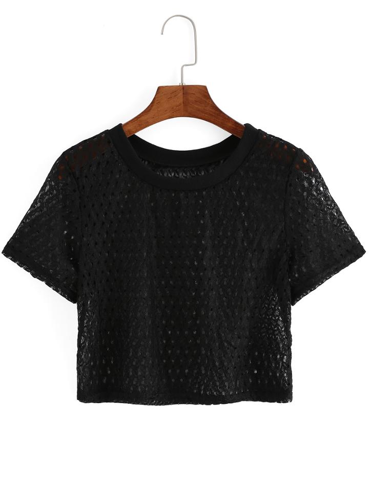 Shein Lace Crop Black T-shirt