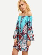 Shein Off-the-shoulder Bell Sleeve Printed Dress