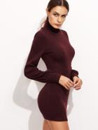 Shein Burgundy Turtleneck Bishop Sleeve Ribbed Bodycon Dress