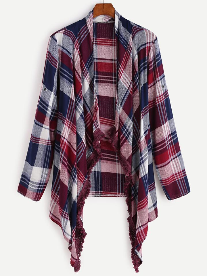 Shein Madras Plaid Drape Front Fringe Asymmetric Coat
