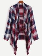 Shein Madras Plaid Drape Front Fringe Asymmetric Coat