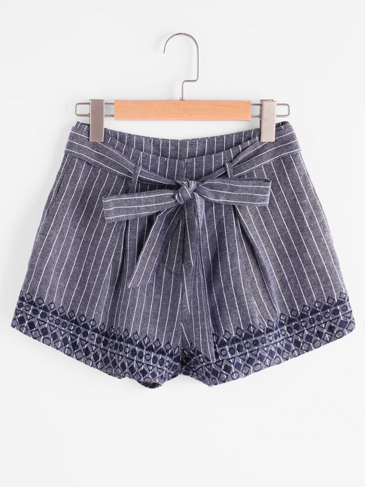 Shein Self Belt Embroidered Pinstripe Shorts
