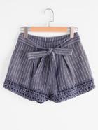 Shein Self Belt Embroidered Pinstripe Shorts