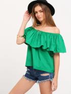 Shein Green Boat Neck Ruffle Shirt