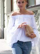 Shein Shirred Oversized Fluted Sleeve Bardot Top