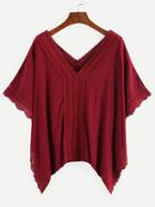 Shein Double V-neck Lace Trimmed Blouse - Burgundy