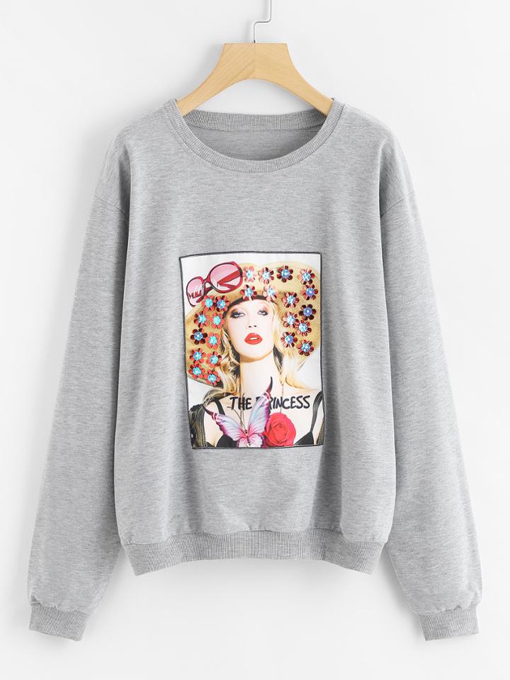 Shein Sequin & Beaded Detail Figure Patch Sweatshirt