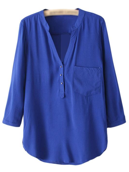 Shein Royal Blue V Neck Buttons Front Dip Hem Blouse