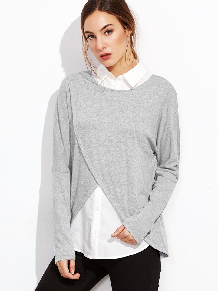 Shein Heather Grey Overlap Front 2 In 1 T-shirt