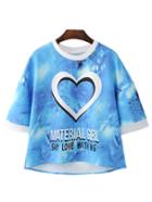 Shein Blue Short Sleeve Letter Heart Print Blouse