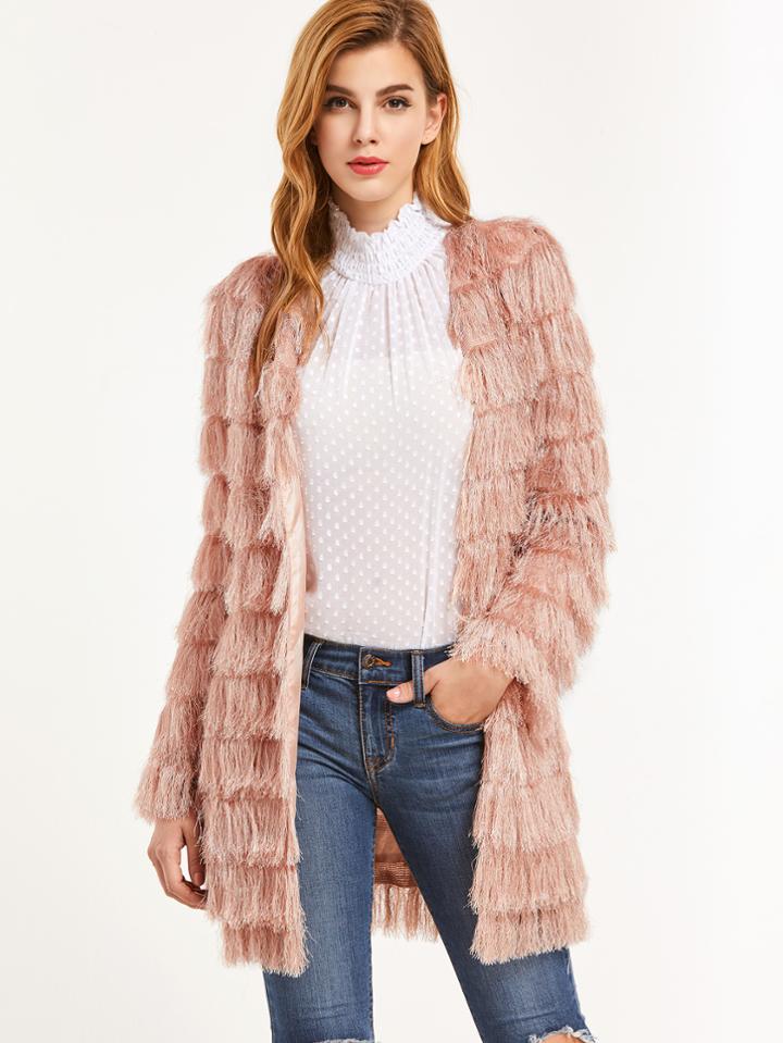 Shein Pink Layered Faux Fur Open Front Coat