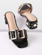 Shein Buckle Design Faux Pearl Chunky Heeled Mules