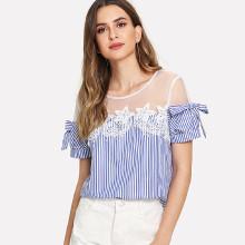 Shein Mesh Shoulder Lace Applique Bow Detail Striped Top