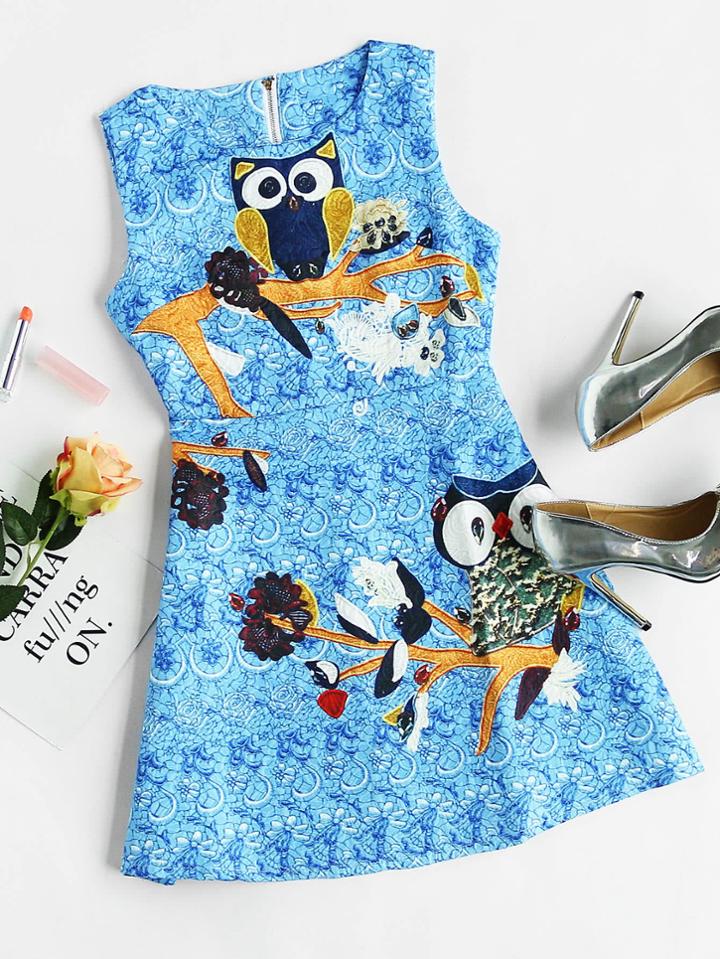 Shein Owl Print Zipper Back Tank Dress