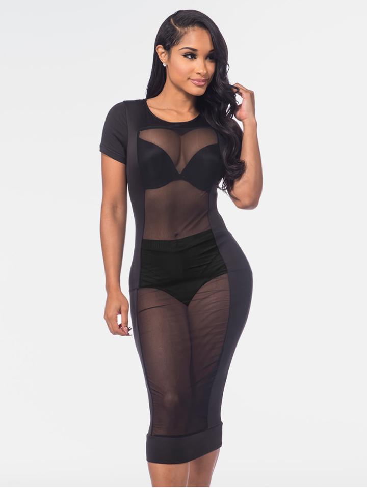 Shein Sheer Mesh Panel Midi Dress